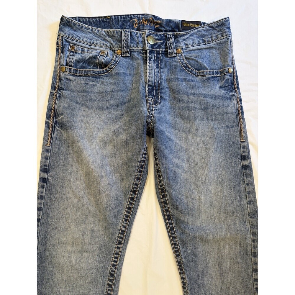 Rock 47 Denim  Wrangler Jeans Men's 34x33.5 Blue Med Wash Slim Straight - Picture 3 of 9